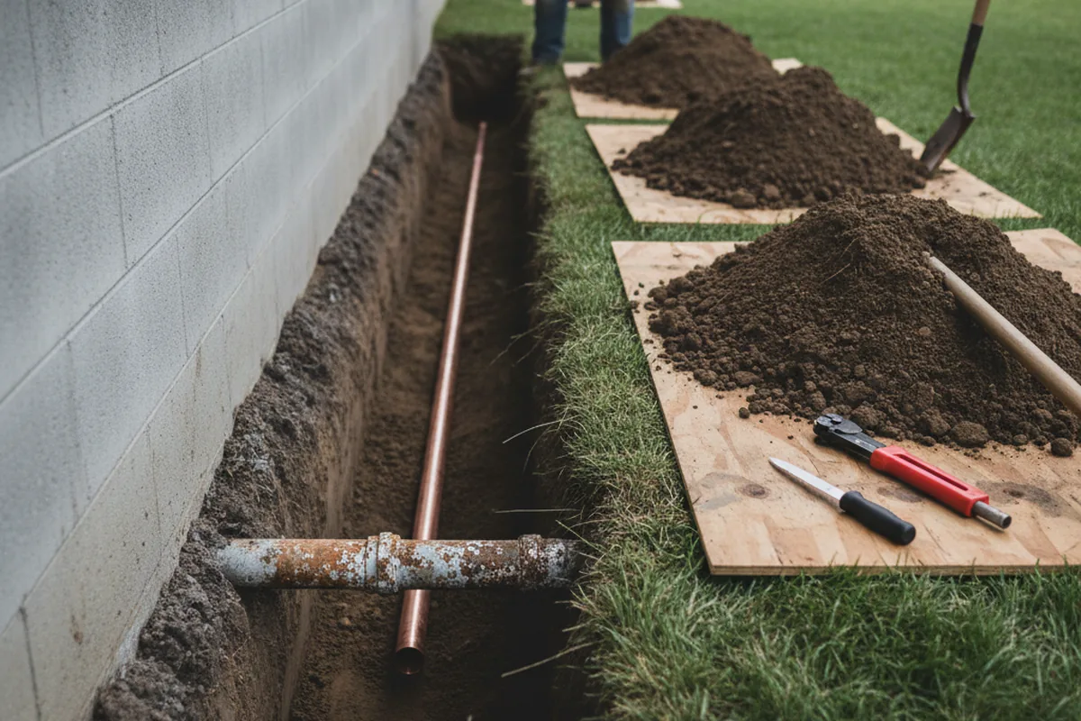 Excavated water line trench during Water Heater Repair in Oregon House
